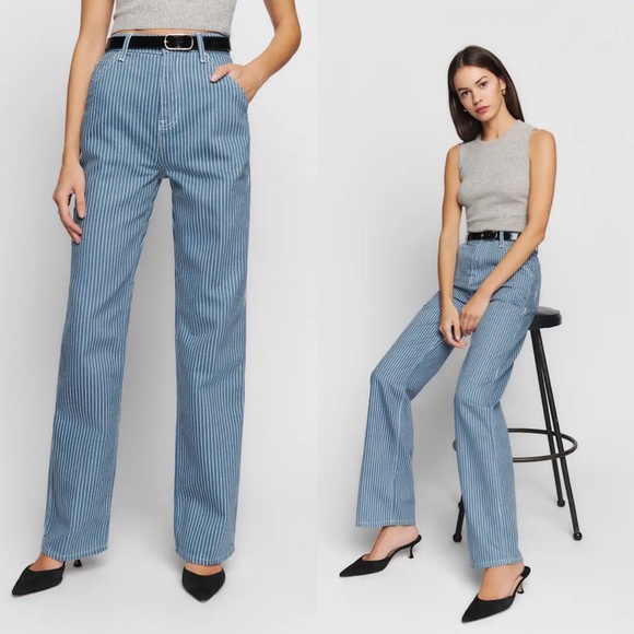Reformation Wilder Painter High Rise Wide Leg Jeans In Pinstripe Size 26 - Picture 1 of 9